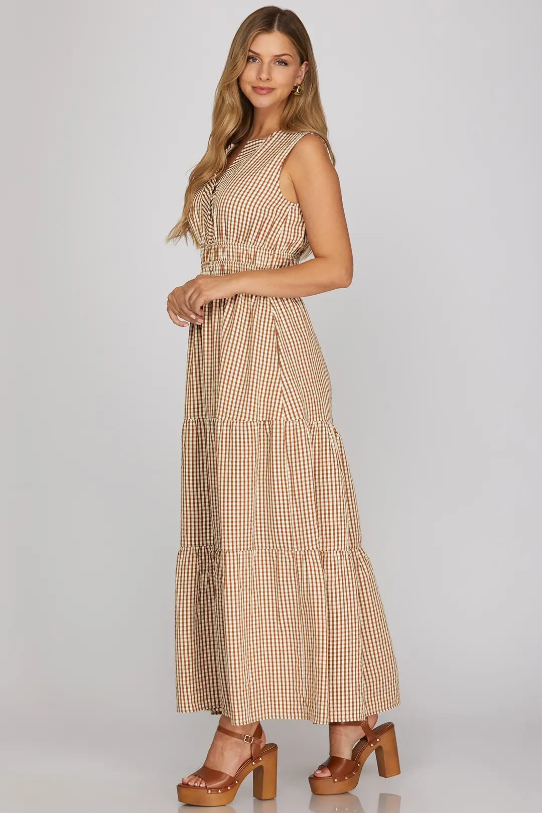Clara Gingham Tiered Maxi Dress/Tan