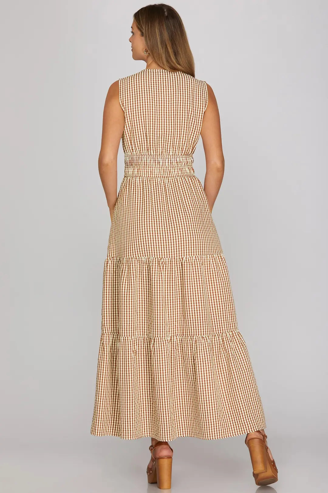 Clara Gingham Tiered Maxi Dress/Tan