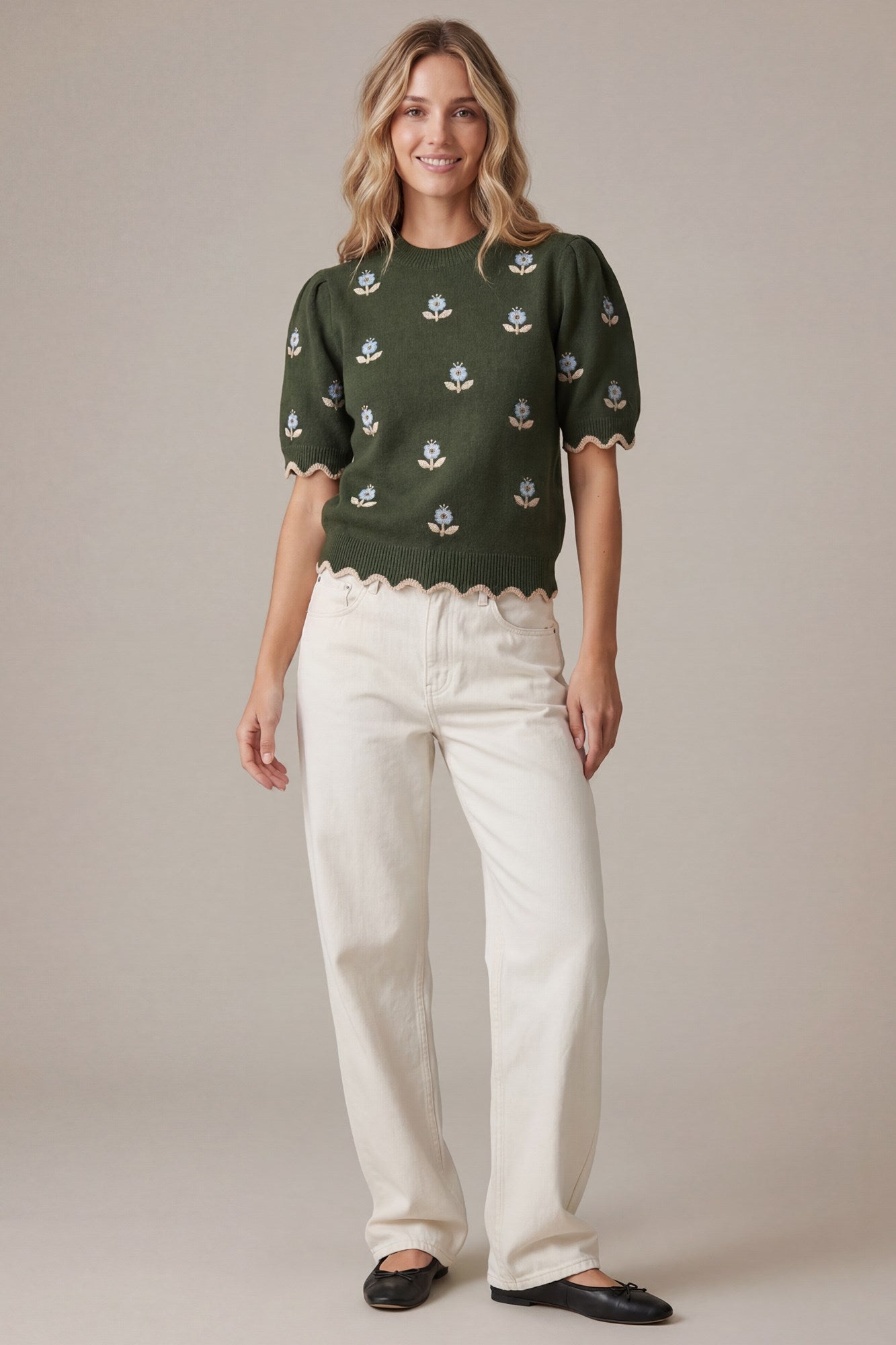 Blake Floral Embroidery Half Sleeve Sweater Top/Olive