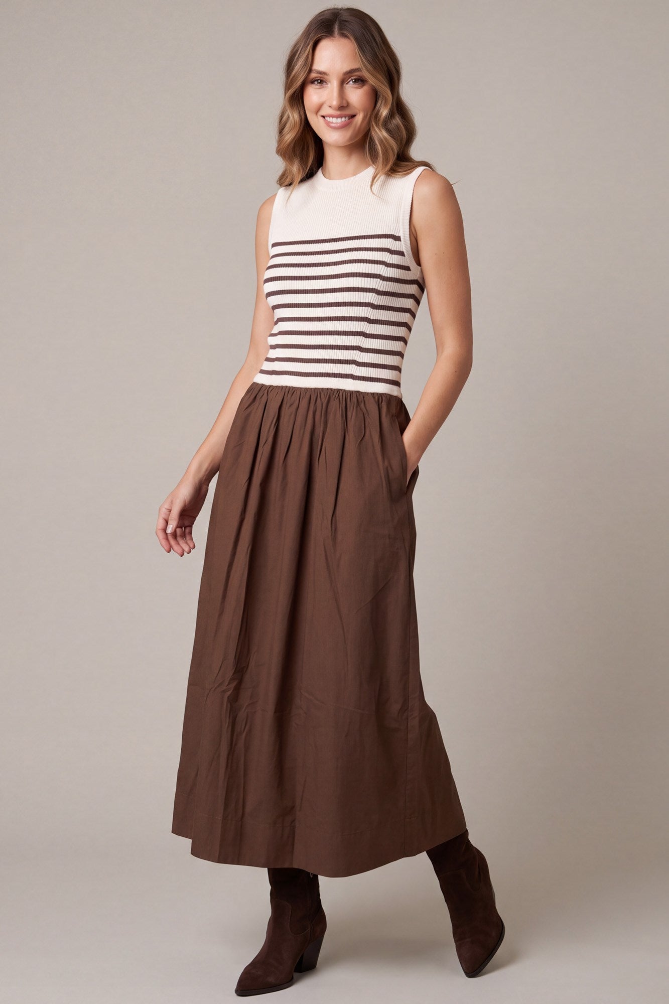 Isabell Striped Knit Top Woven Combo Maxi Dress