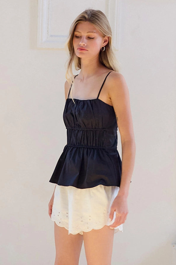 Kimmi Ruched Peplum Cami Top/Black