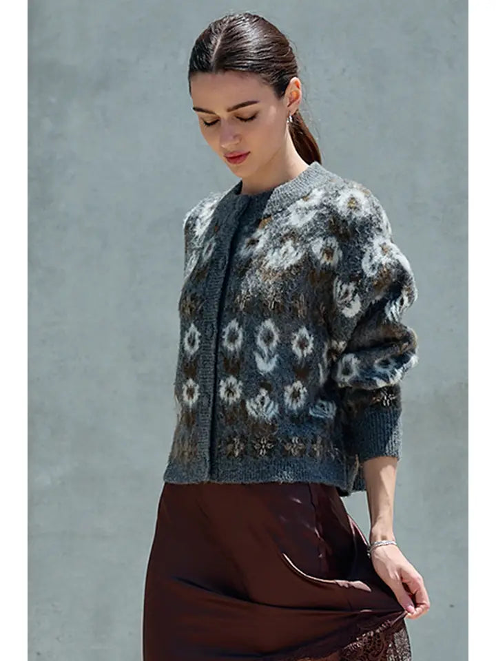 Barret Fuzzy Nordic Floral Diamond Knit Cardigan