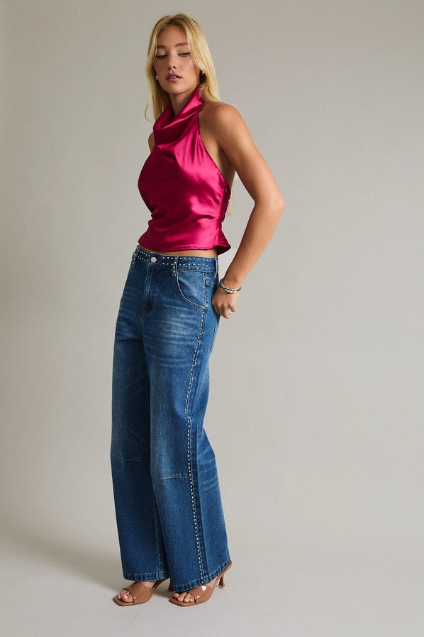 Riley Mid Rise Denim Pants with Stud Detail