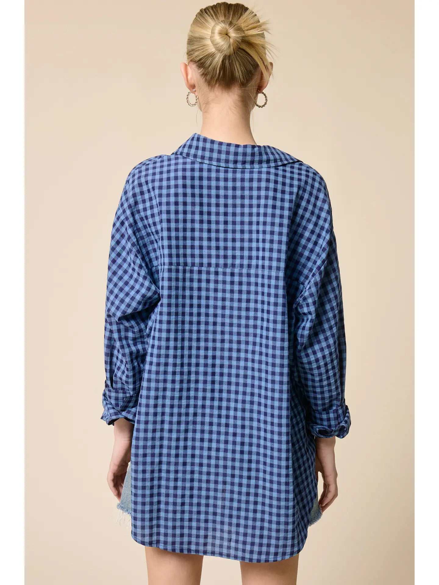 Oversized Gingham Button Down Top/Blue