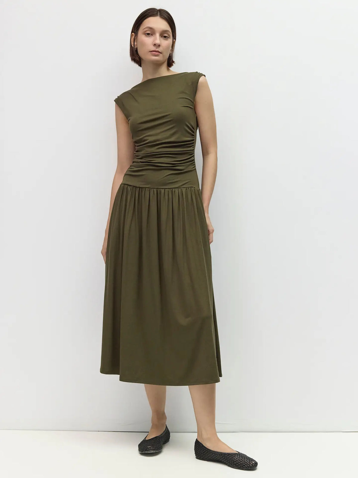 Amara Wide Cowl Neck Ruched Midi Dress/Olive