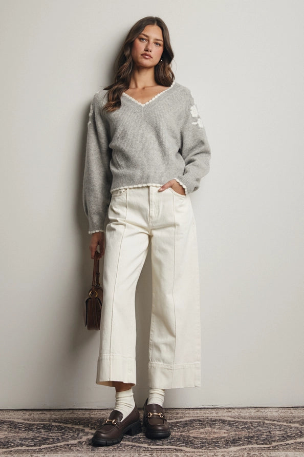 Mary Floral Applique V neck Sweater