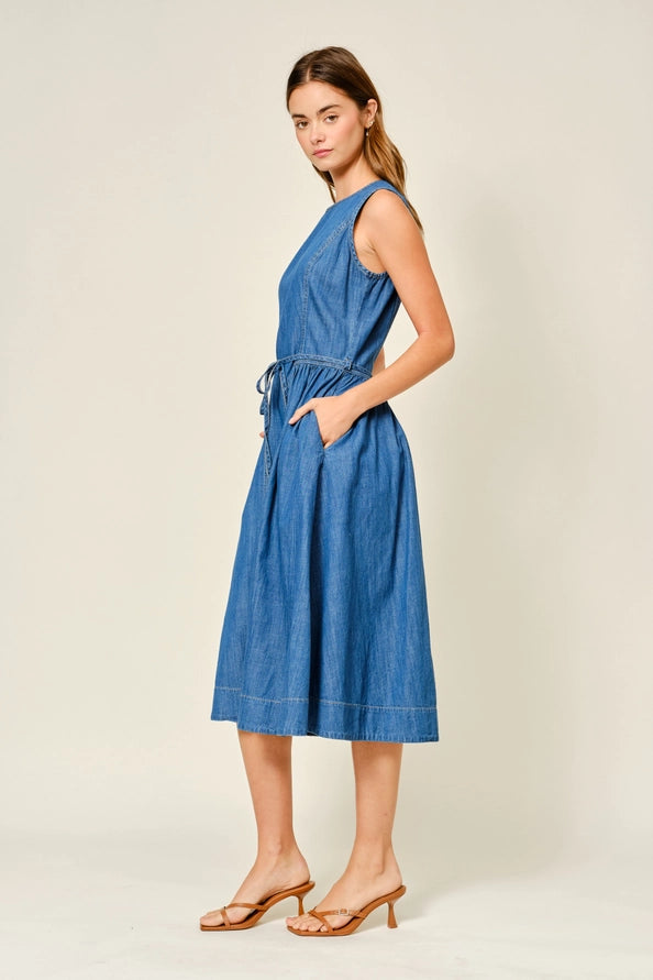 Brenna Paneled Denim Midi Dress w/Belt
