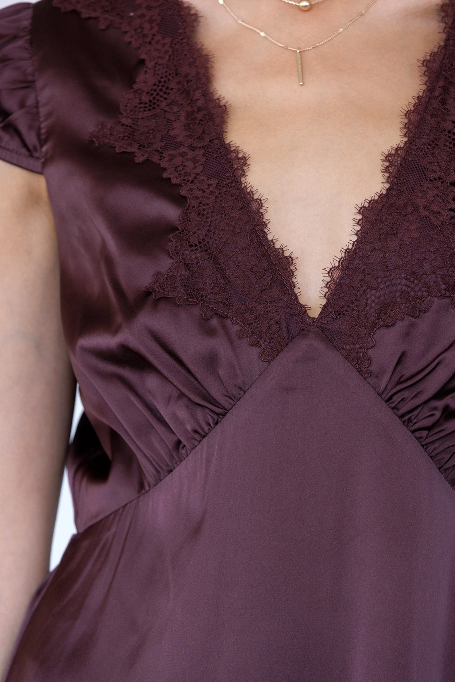 Jayda Satin Lace Trim Dress/Eggplant