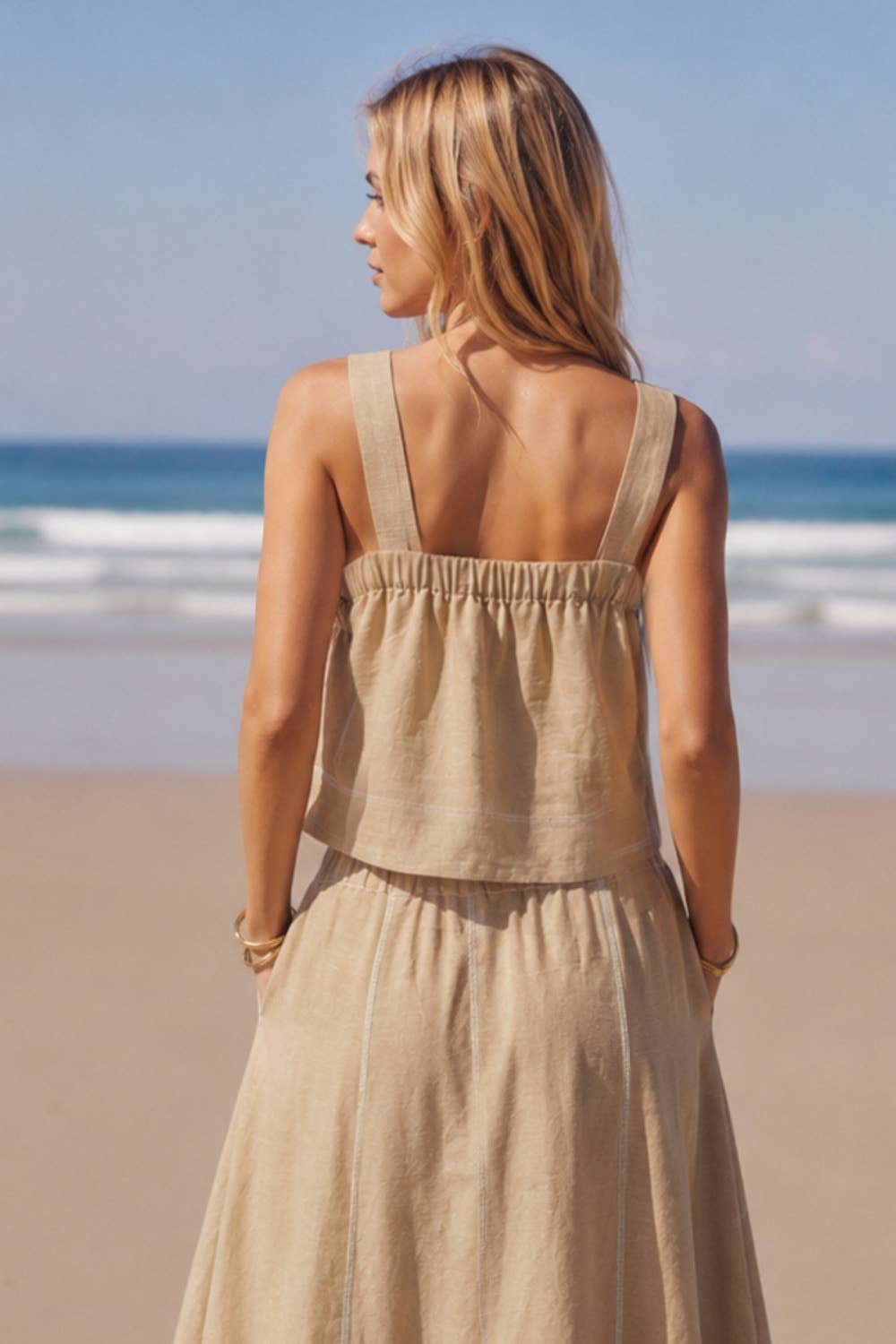 Georgia Linen Stitch Crop Top/Beige