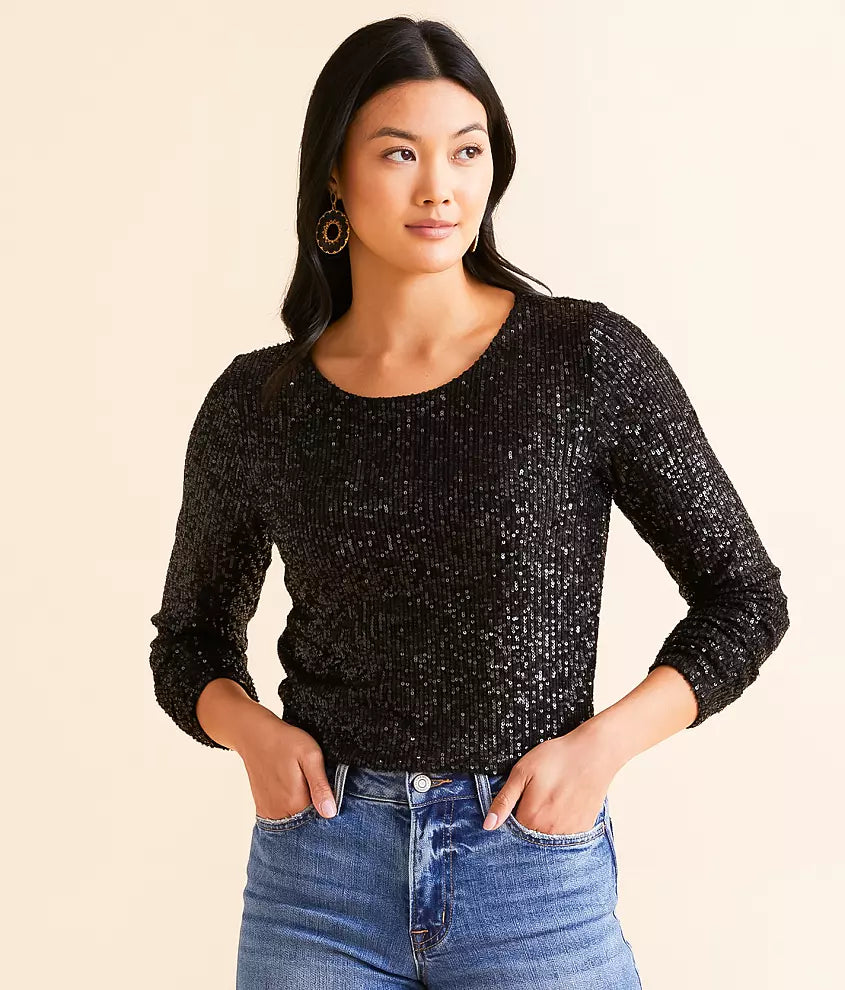 Black Sequin Long Sleeve Top