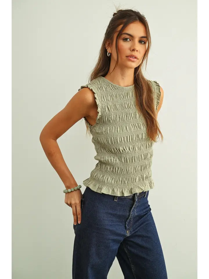 Bree Sleeveless Smocking Tank Top/Sage