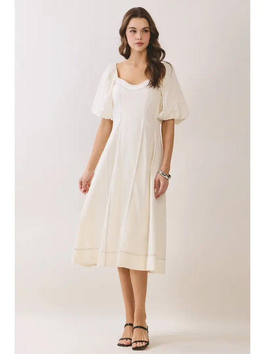 Gloria Square Neck Puff Sleeve Midi Dress/Buttercream