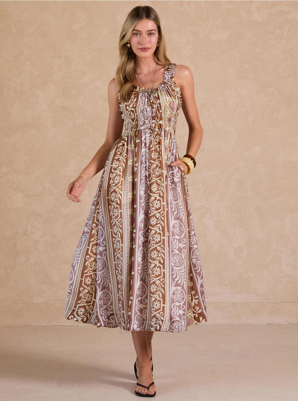 Eva Printed Ruffled Sweetheart Maxi Dress