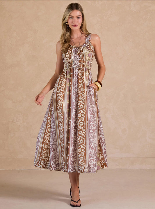 Eva Printed Ruffled Sweetheart Maxi Dress