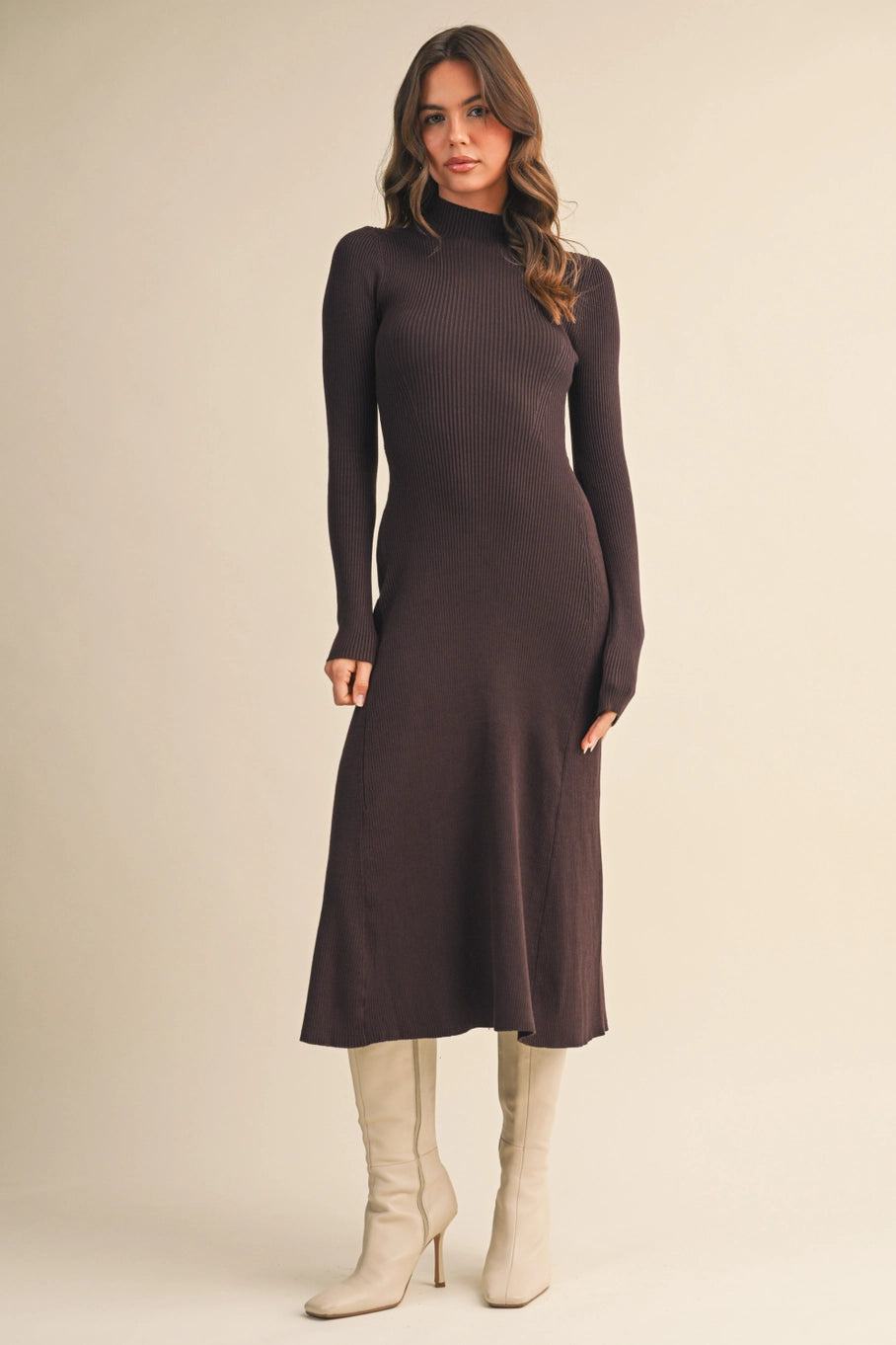 Leah Brown Ribbed Knit Flare Midi Dress