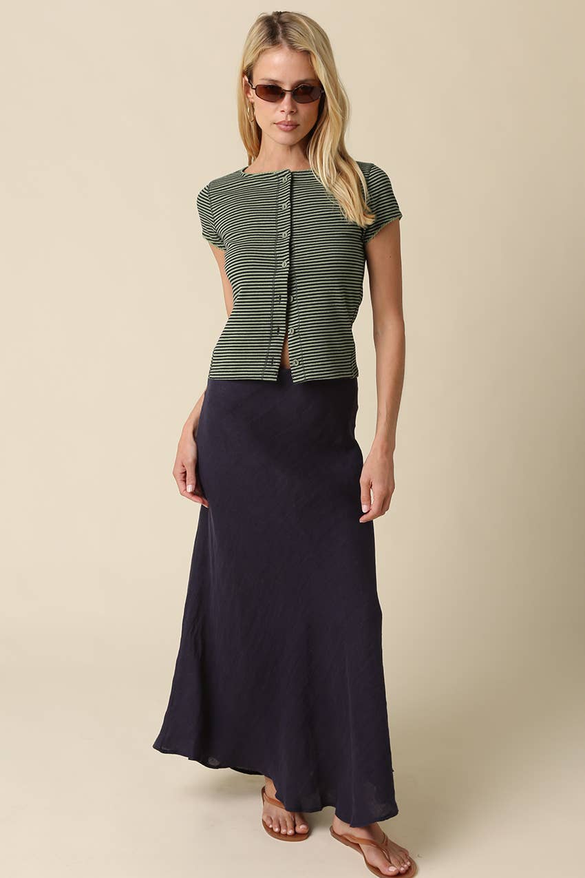 Tahni Striped Button-Front Top/Avocado