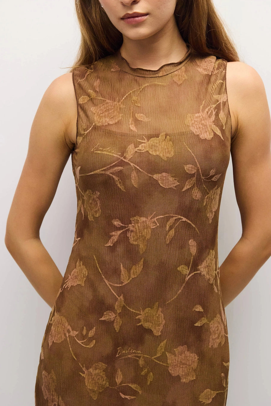Zoe Dress Midi Floral Mock Neck/Brown