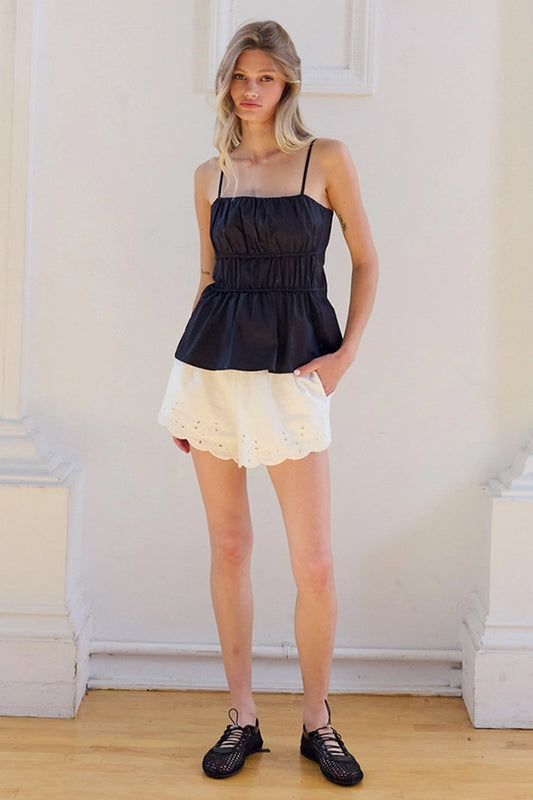 Kimmi Ruched Peplum Cami Top/Black