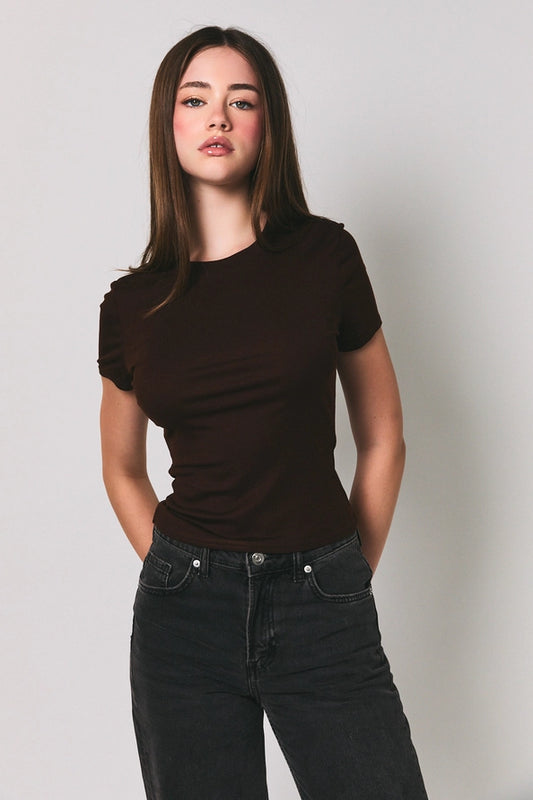 Jennifer Classic Short Sleeve Basic Top/Dark Brown