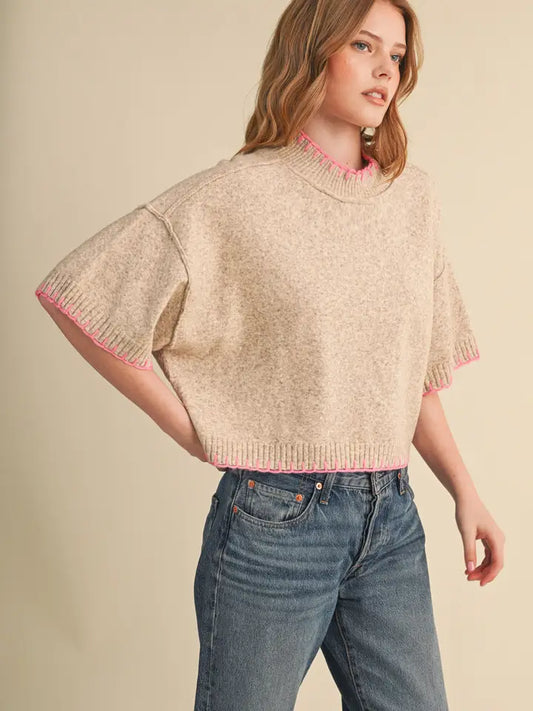 Astrid Contrast Blanket Stritch Mock Neck Sweater Top