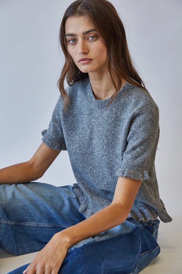Charlotte Ruffle Hem Short Sleeve Sweater