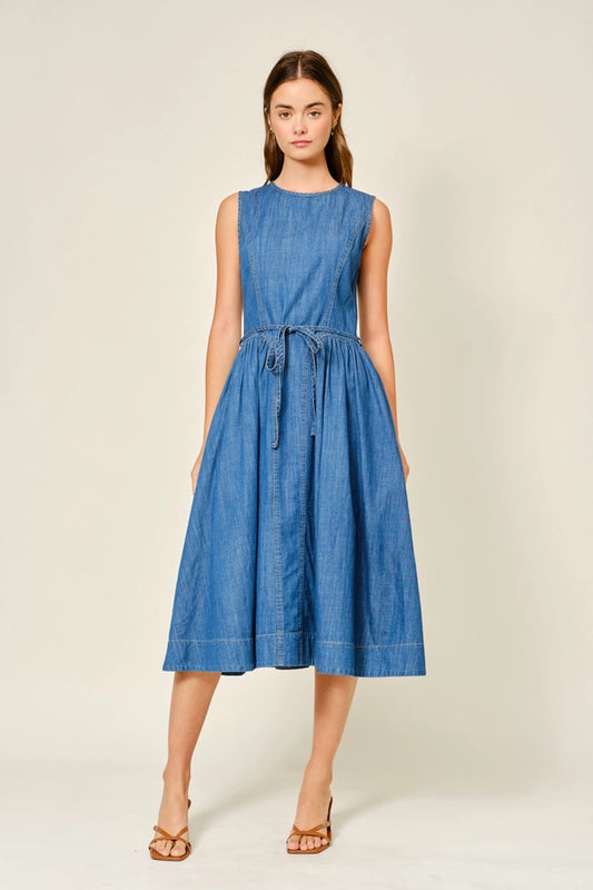 Brenna Paneled Denim Midi Dress w/Belt