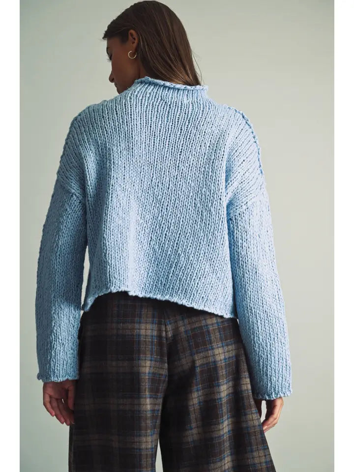 Adeline Roll Hemming Long Sleeve Knit Top/Light Blue