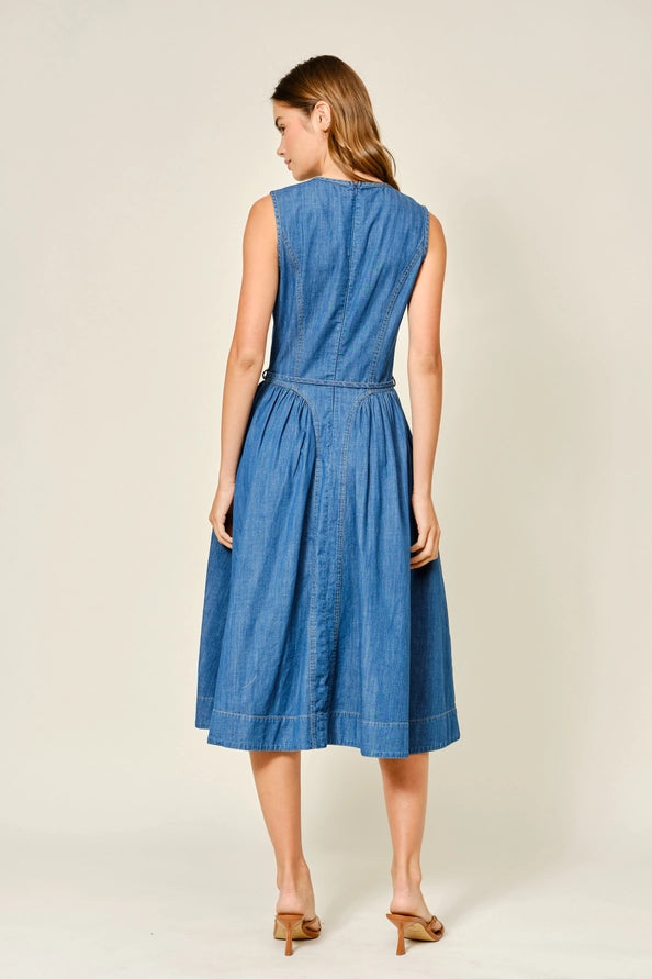 Brenna Paneled Denim Midi Dress w/Belt