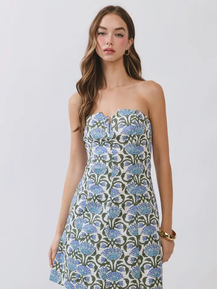 Cora Floral Print Strapless Dress/Blue Green