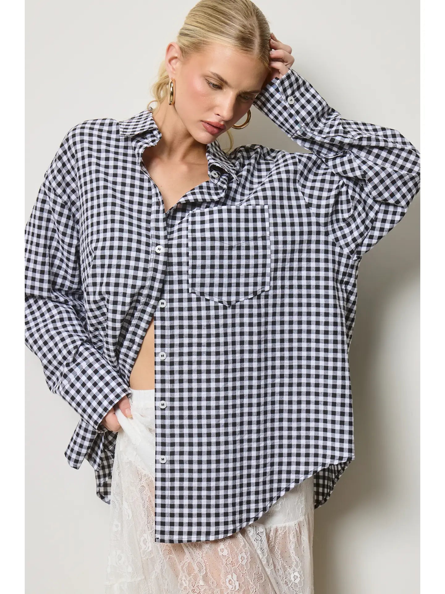 Oversized Gingham Button Down Top
