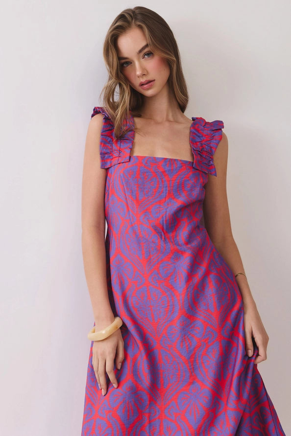 Camilia Ruffle Strap Geometric Print Midi Dress