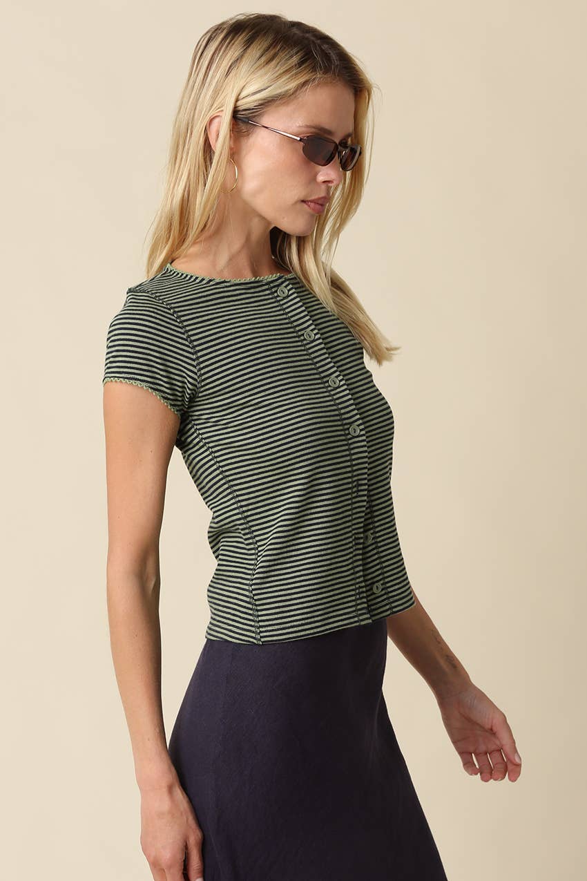 Tahni Striped Button-Front Top/Avocado