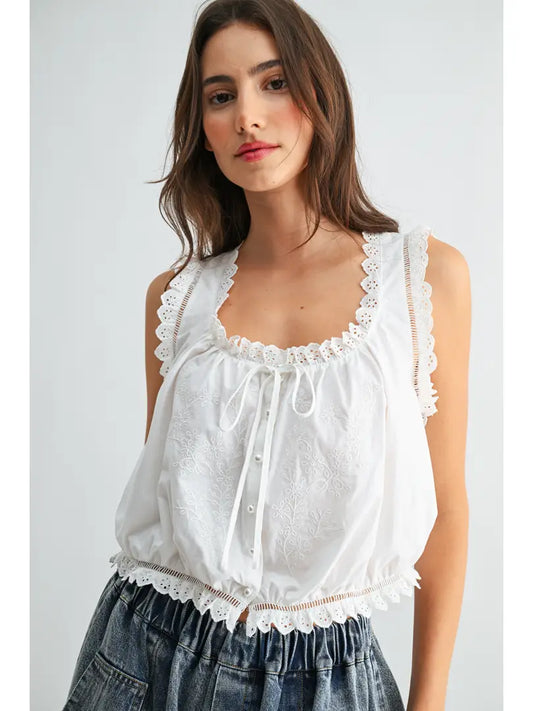 Reese Embroidered Ruffle Trim White Tank Top