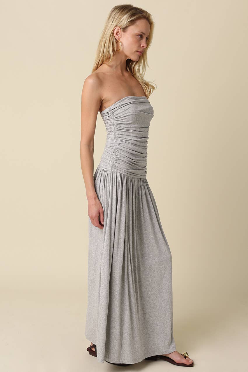 Drew Strapless Ruched Maxi Dress/H.Grey
