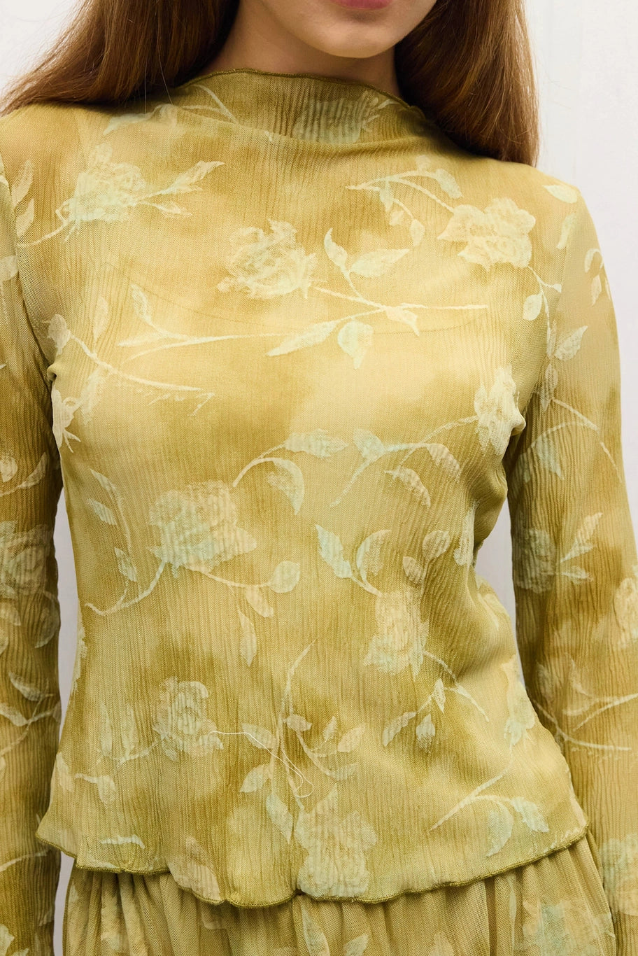 Zoe Sheer Long Sleeve Mock Neck Top/Chartreuse