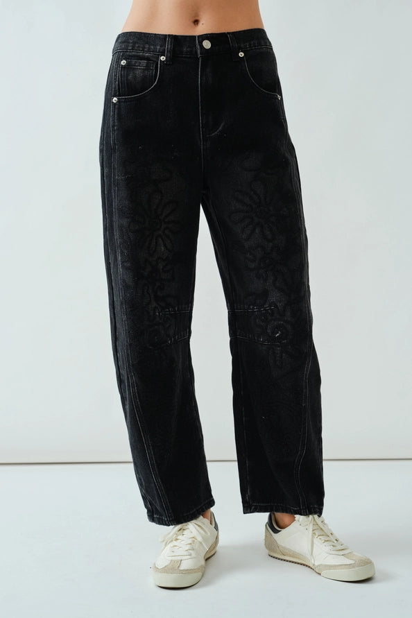 Amber Embroidered Detail Barrel Jeans/Faded Black