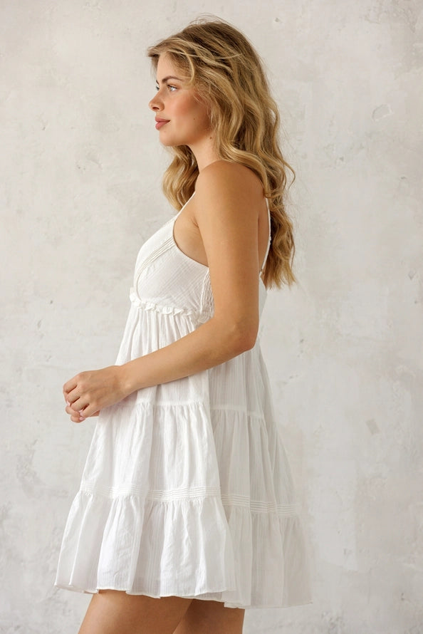 Ashley White Tiered Lace Trim Mini Dress