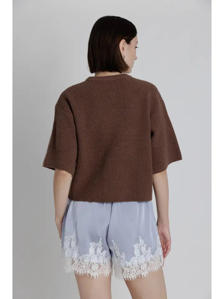 Callie Button Down Short Sleeve Sweater Top/Brown