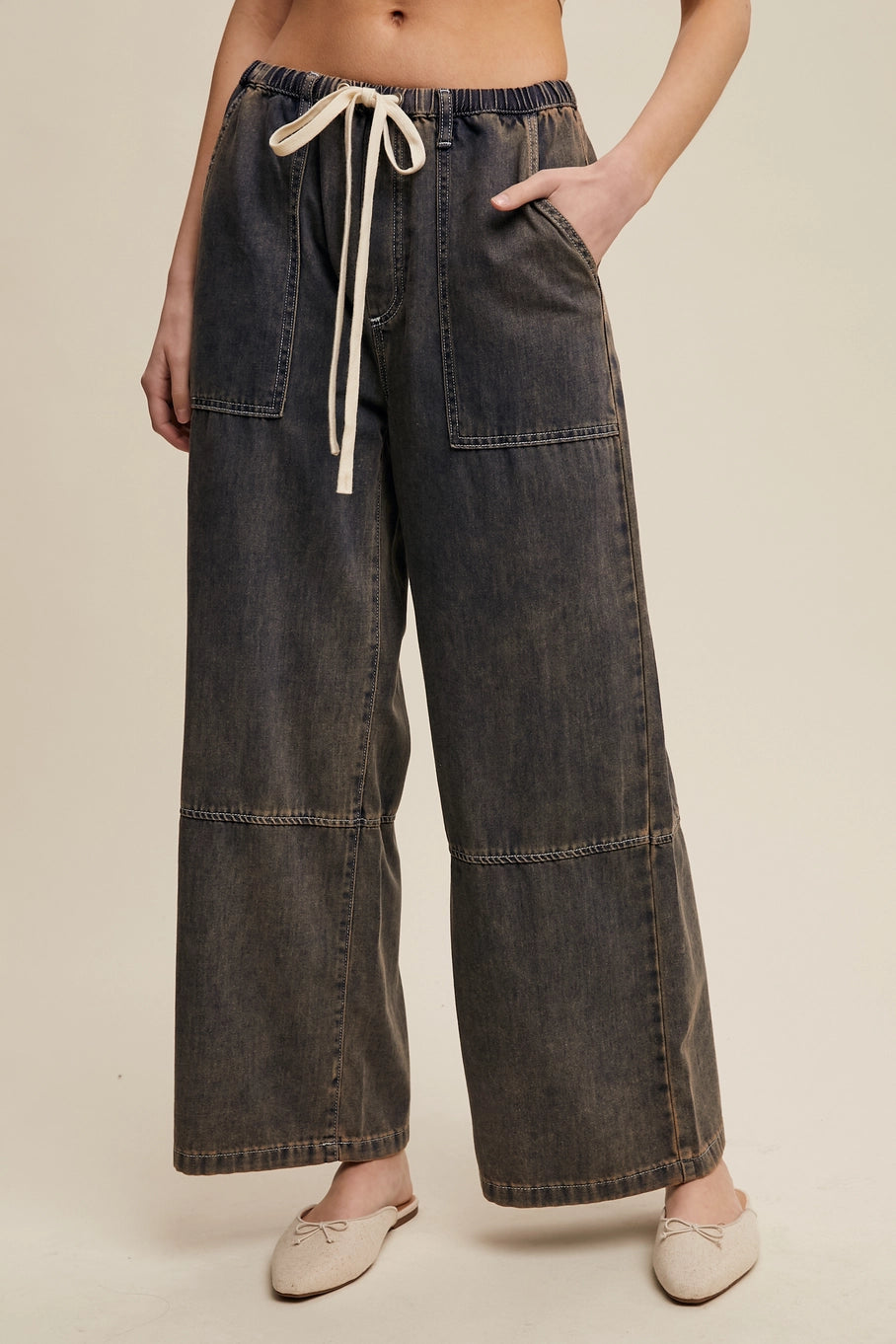 Clara Wide Leg Denim Drawstring Pants