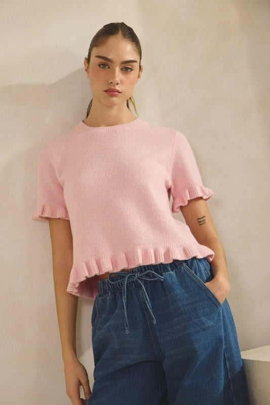 Charlotte Ruffle Hem Short Sleeve Sweater