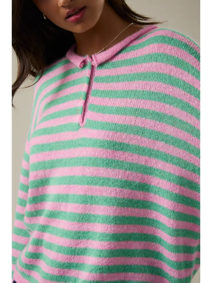 Alexis Long Sleeve Rolled Hem Half Button Down Stripe Knit