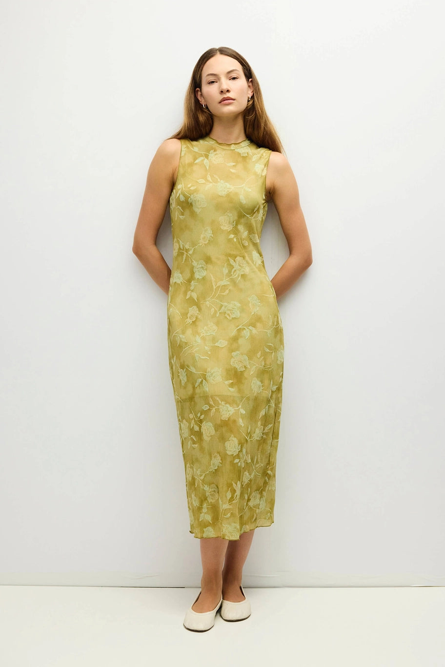 Zoe Dress Midi Floral Mock Neck/Chartreuse