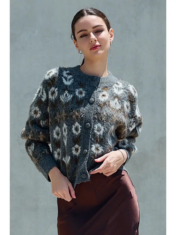 Barret Fuzzy Nordic Floral Diamond Knit Cardigan