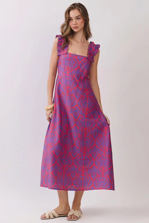Camilia Ruffle Strap Geometric Print Midi Dress