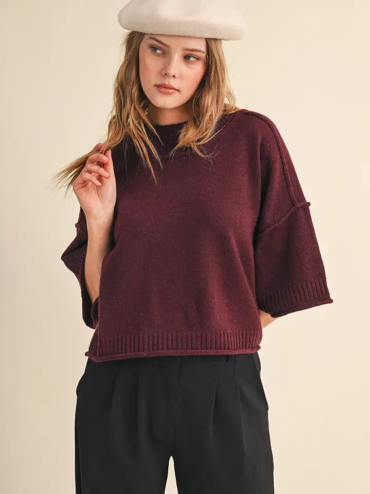 Kate Marled Knit Mock Neck Short Sleeve Top/Wine