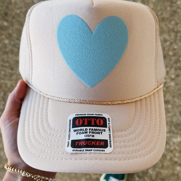 Happy Heart Trucker Hat: Tan + Light Blue