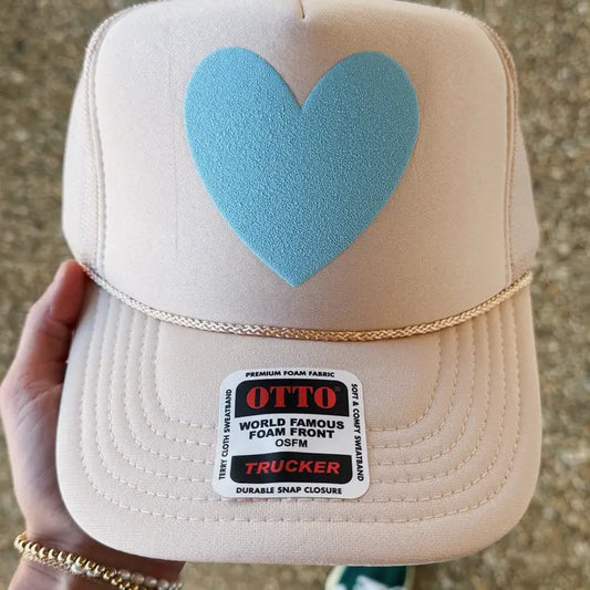 Happy Heart Trucker Hat: Tan + Light Blue