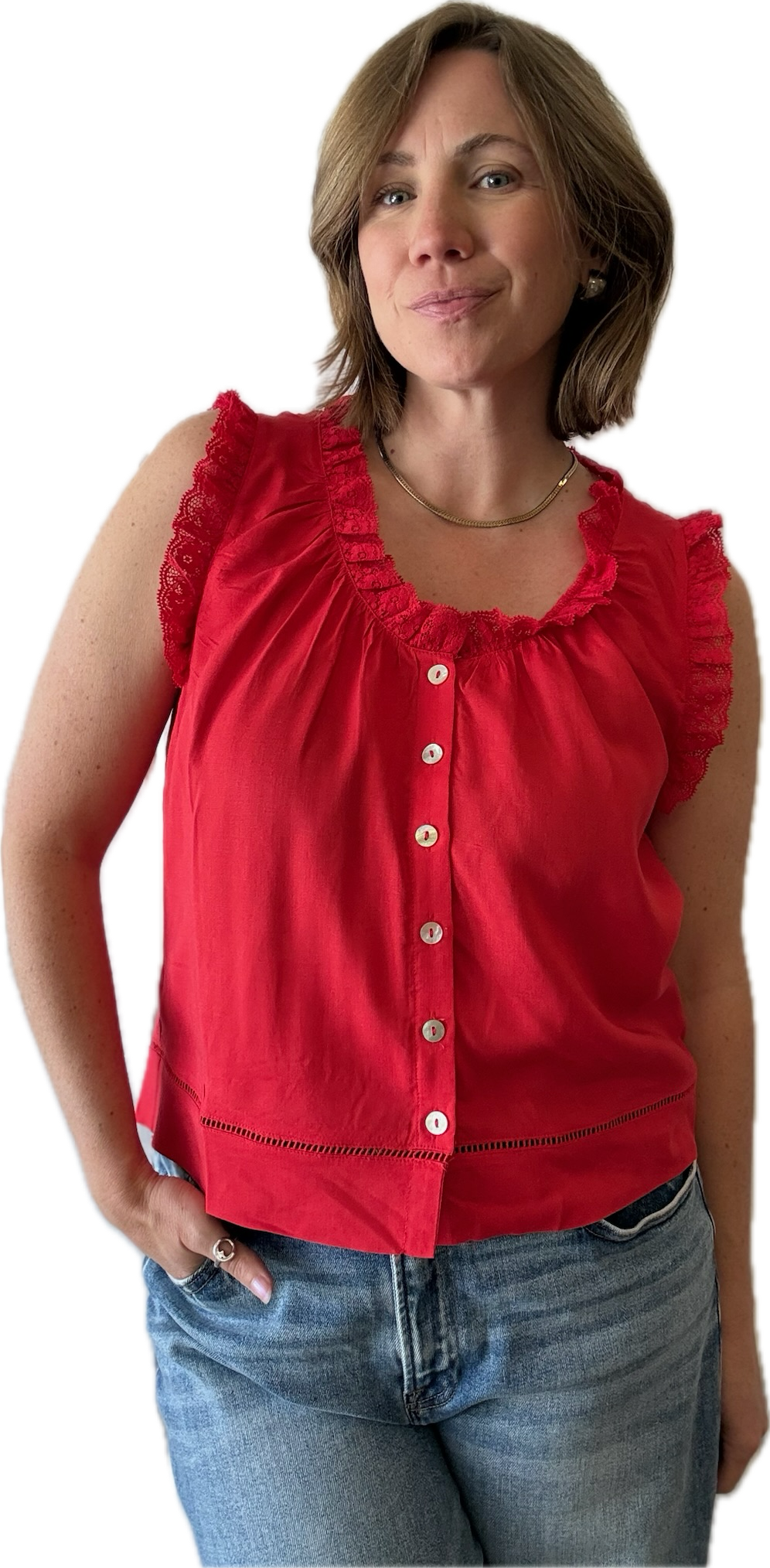 Rae Lace Trim Button Sleeveless Blouse/Red