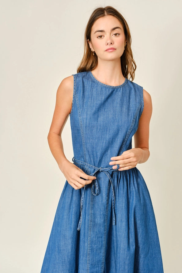 Brenna Paneled Denim Midi Dress w/Belt