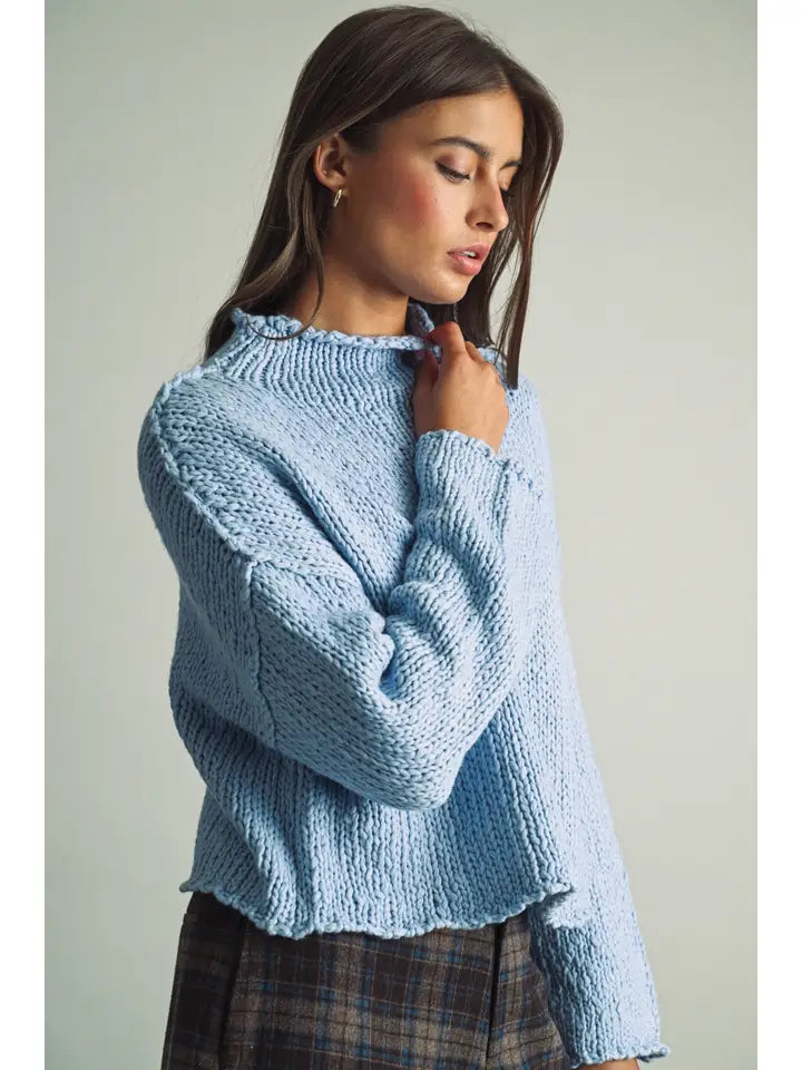 Adeline Roll Hemming Long Sleeve Knit Top/Light Blue